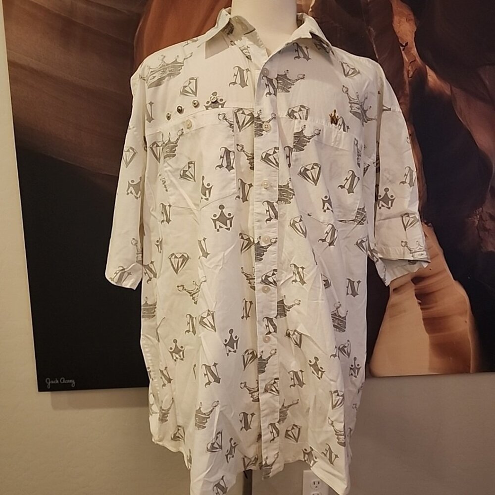 Notorious B.I.G. Mens 3X Logo Shirt White Gray Button Short Sleeves